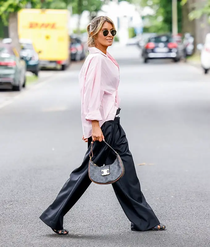 Pink Oversized Shirt with Black Wide-Leg Trousers — Best Trendy Outfits