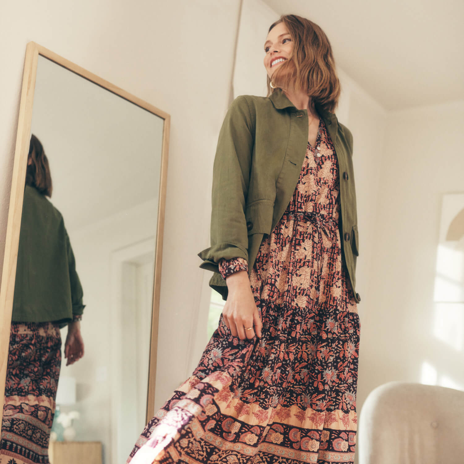 Patterned Midi Dress with Olive Green Utility Jacket — Best Trendy Outfits