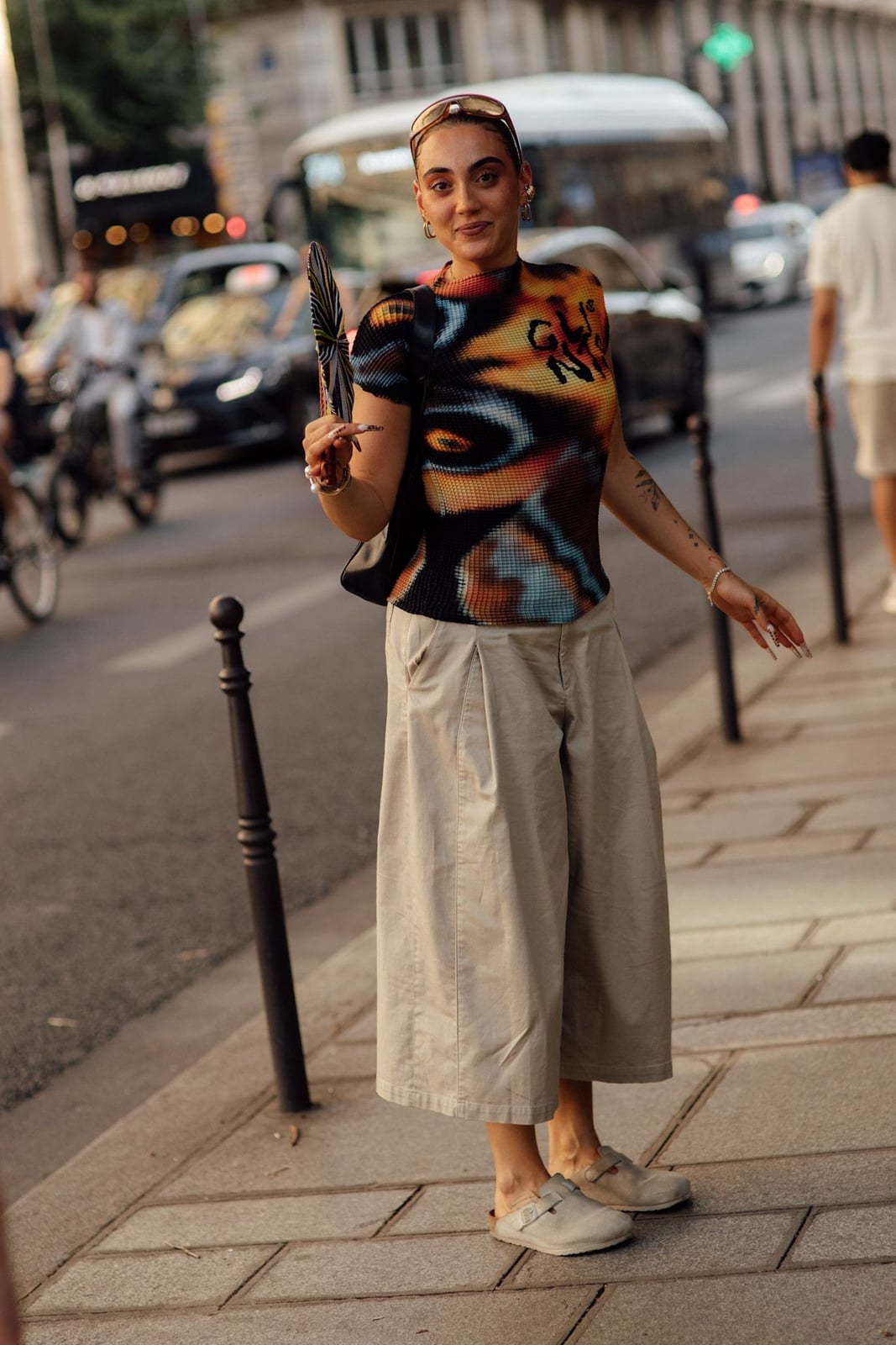 Beige Wide-Leg Trousers with Graphic Knit Top — Best Trendy Outfits