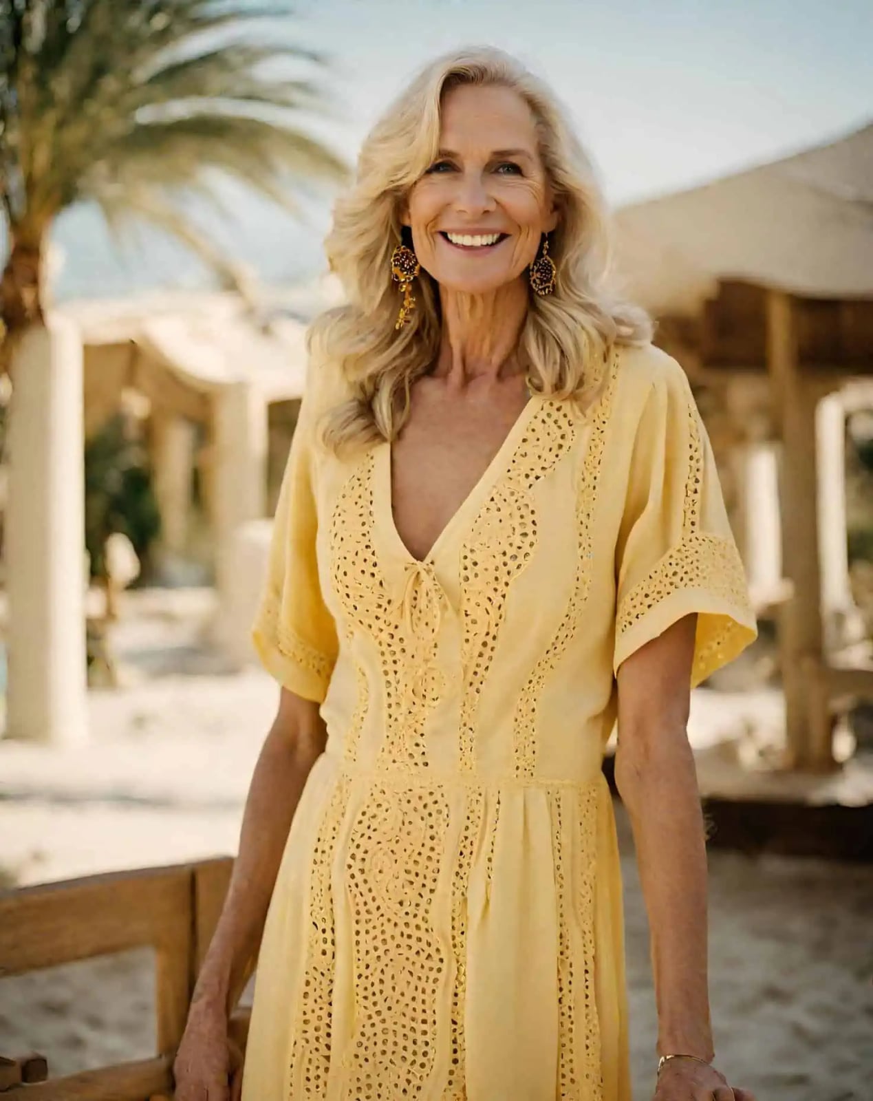 Yellow Eyelet Midi Dress with Puff Sleeves and Wedge Sandals — Best Types of Dresses