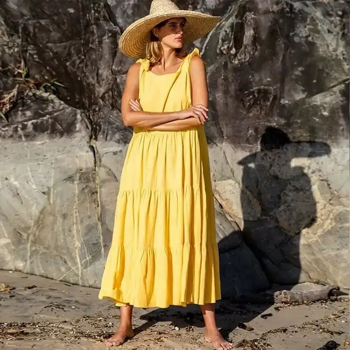 Yellow Tiered Linen Maxi Dress for Beach — Best Types of Dresses
