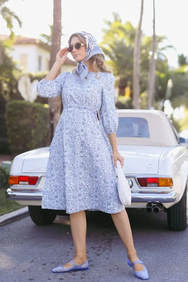 Blue and White Floral Midi Dress with Puff Sleeves and Fit And Flare — Best Types of Dresses