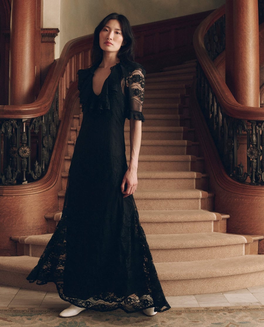Black Lace Maxi Dress with Ruffled Neckline Black Lace Maxi Dress with Ruffled Neckline — Best Unique Dresses