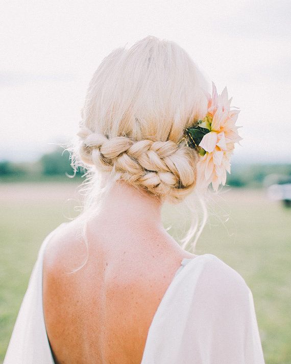 Blonde Braided Updo With Flower Accent Blonde Braided Updo With Flower Accent — Best Unique Hairstyles