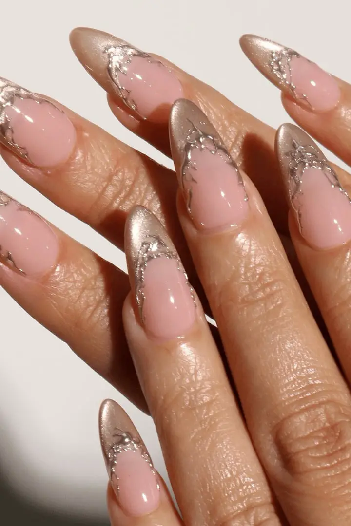 Long Almond Nails With Metallic Champagne French Tips — Best Unique Nails