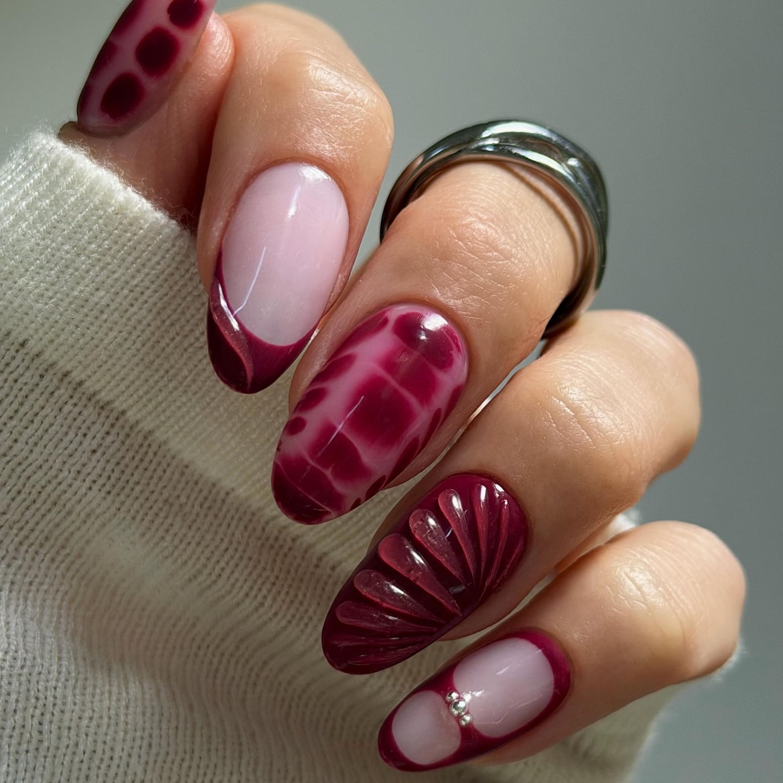 Medium Almond Nails With Burgundy Textures — Best Unique Nails