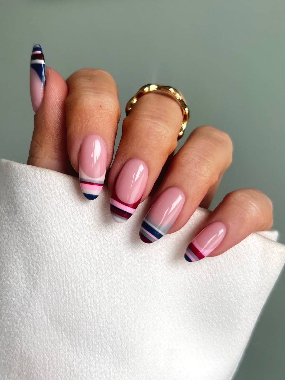 Medium Almond Nails With Striped French Tips — Best Unique Nails