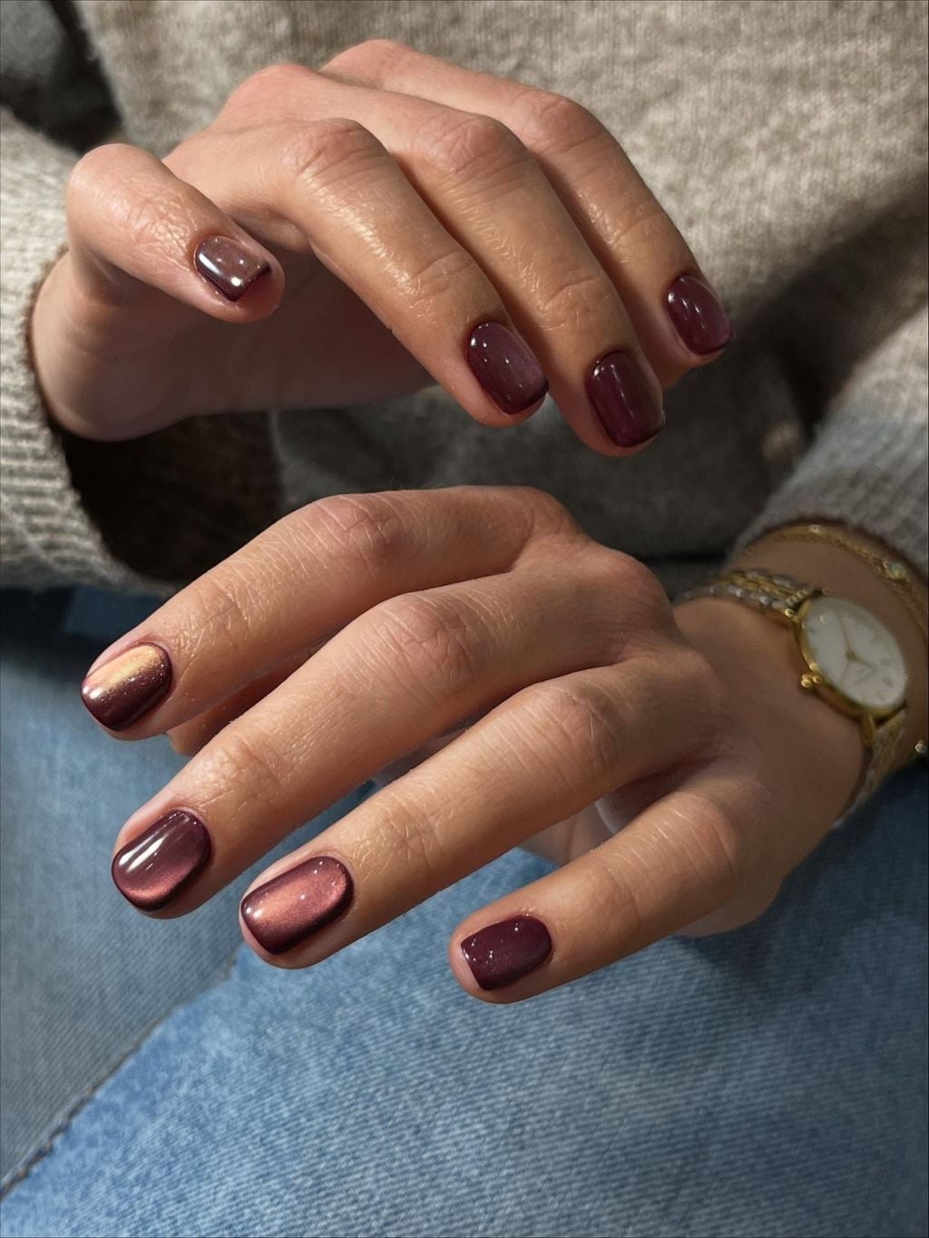 Short Square Nails With Plum Cat-Eye Effect — Best Unique Nails