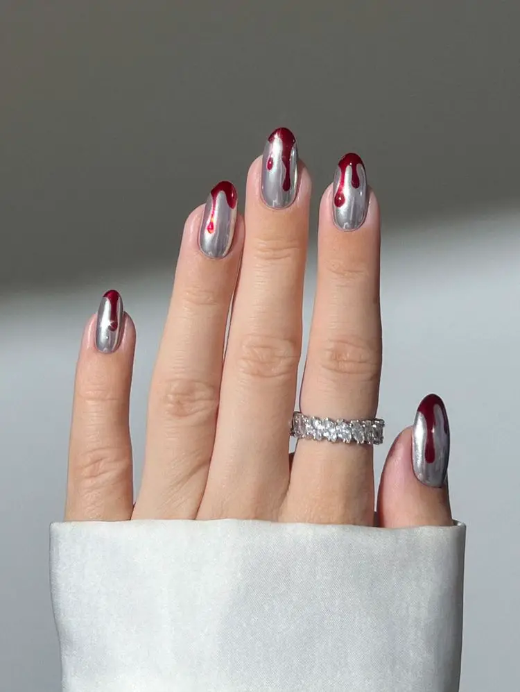 Medium Oval Nails With Red Drip Design — Best Unique Nails