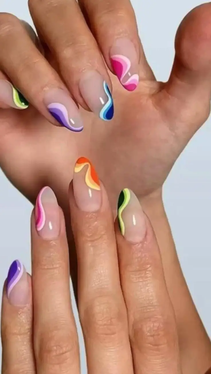 Long Almond Nails With Wavy Color Lines — Best Unique Nails