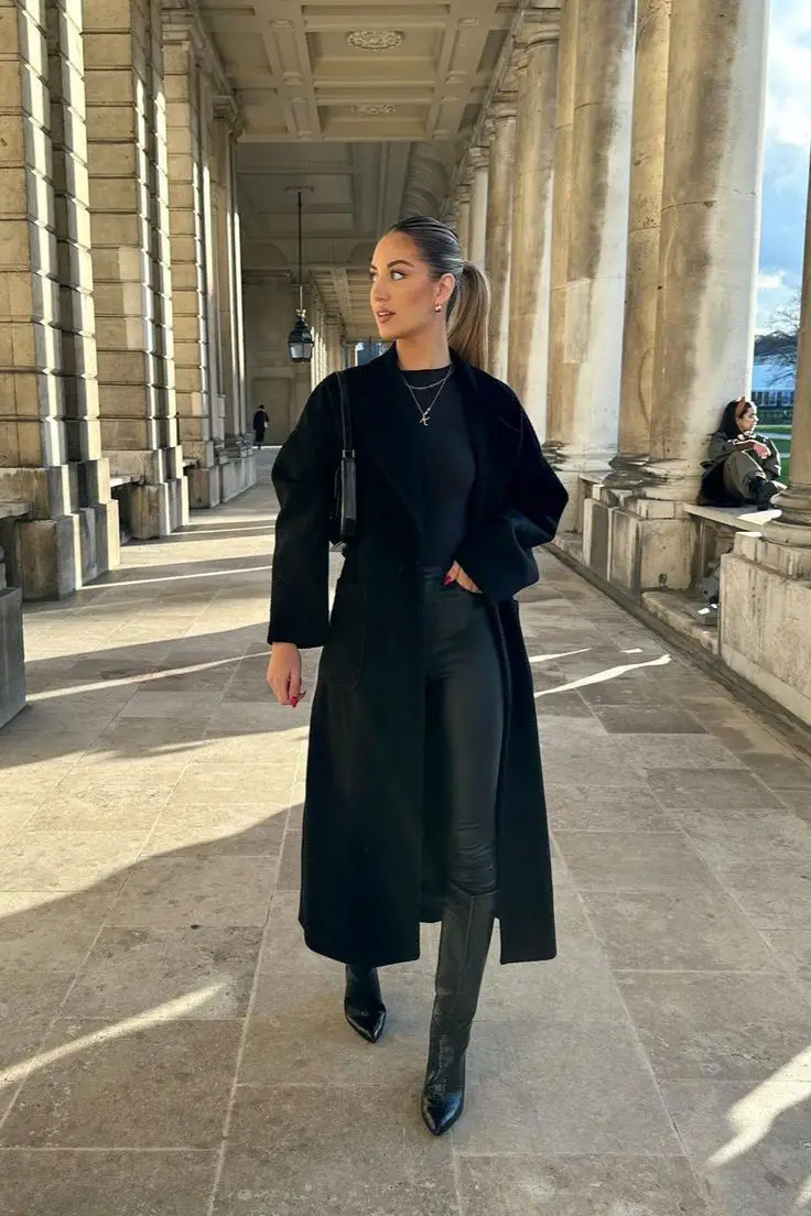 Long Black Coat With Fitted Trousers and Boots Long Black Coat With Fitted Trousers and Boots — Black Trench Coat Outfit Ideas