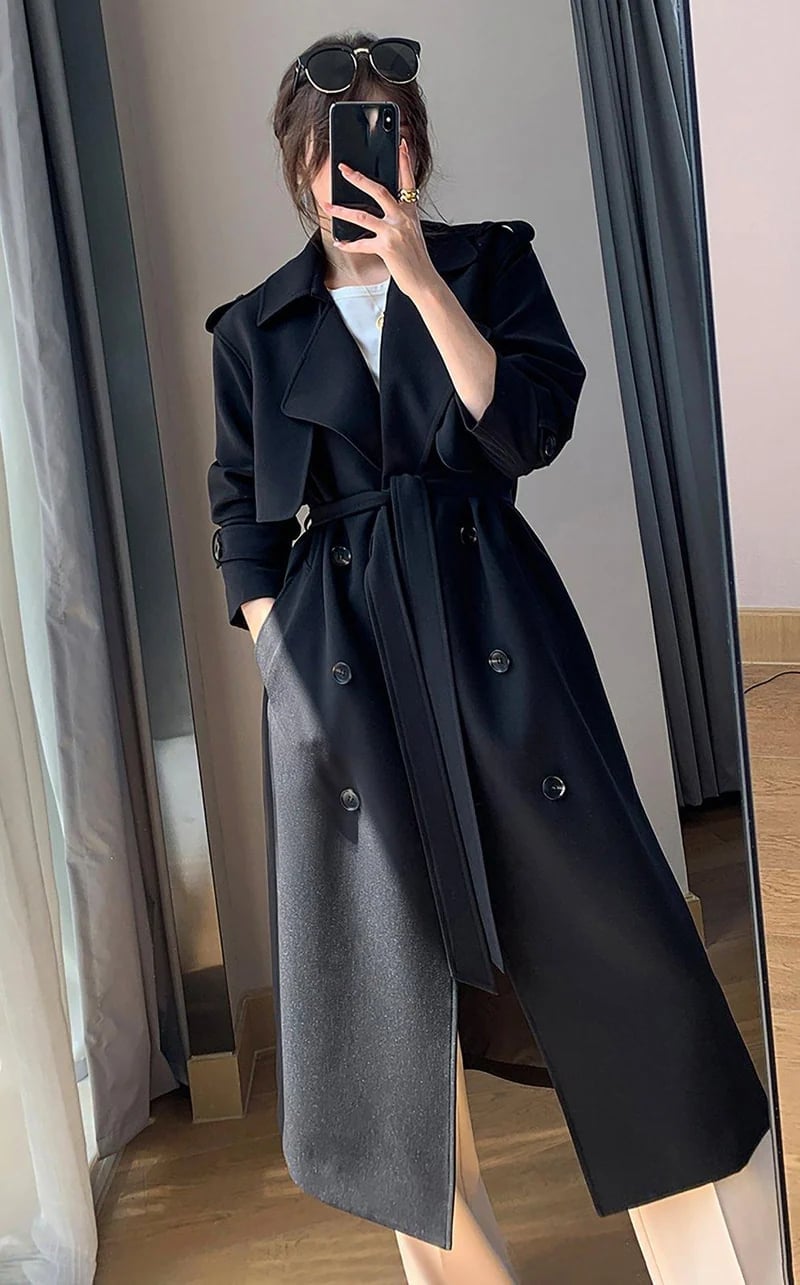 Belted Black Trench Coat With White T-Shirt Belted Black Trench Coat With White T-Shirt — Black Trench Coat Outfit Ideas