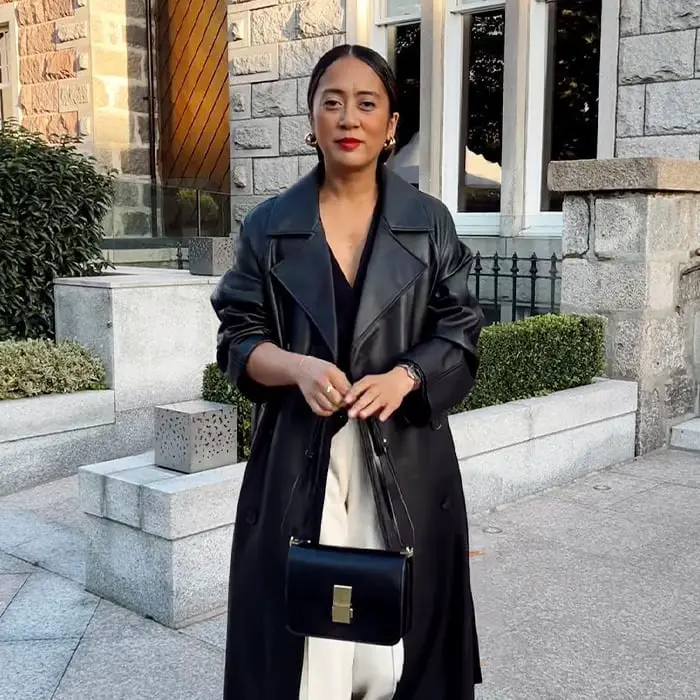 Black Leather Trench Coat With Cream Trousers Black Leather Trench Coat With Cream Trousers — Black Trench Coat Outfit Ideas