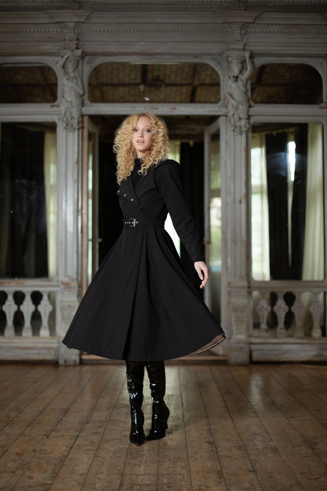 Black Belted Trench Coat With Flared Skirt Black Belted Trench Coat With Flared Skirt — Black Trench Coat Outfit Ideas