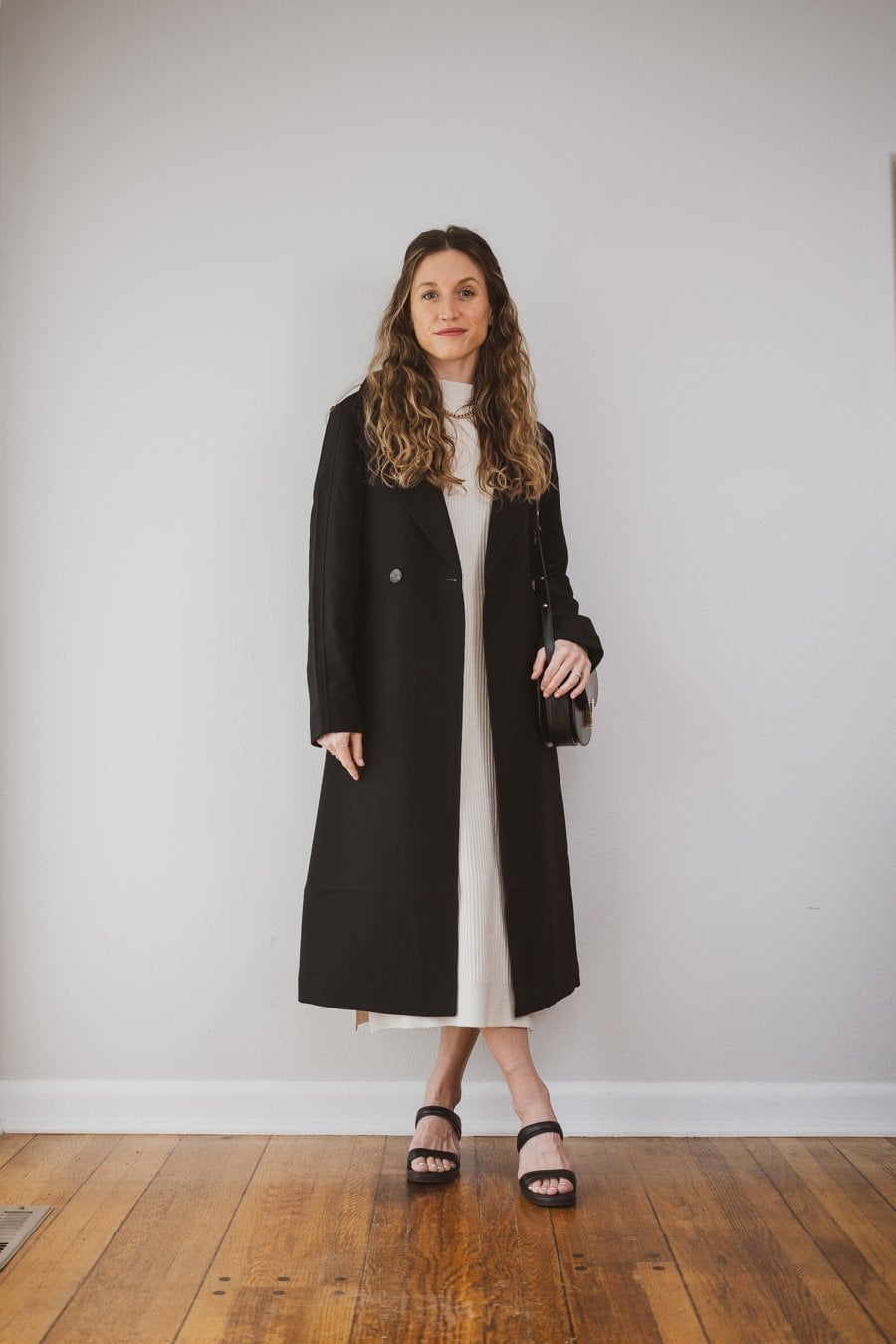 Black Double-Breasted Coat With Knit Dress Black Double-Breasted Coat With Knit Dress — Black Trench Coat Outfit Ideas