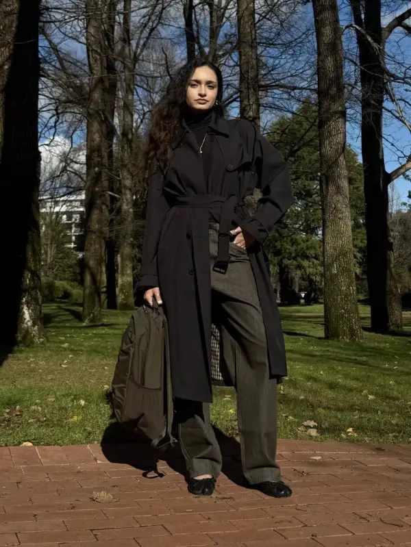 Black Trench Coat With Turtleneck and Wide Leg Jeans Black Trench Coat With Turtleneck and Wide Leg Jeans — Black Trench Coat Outfit Ideas