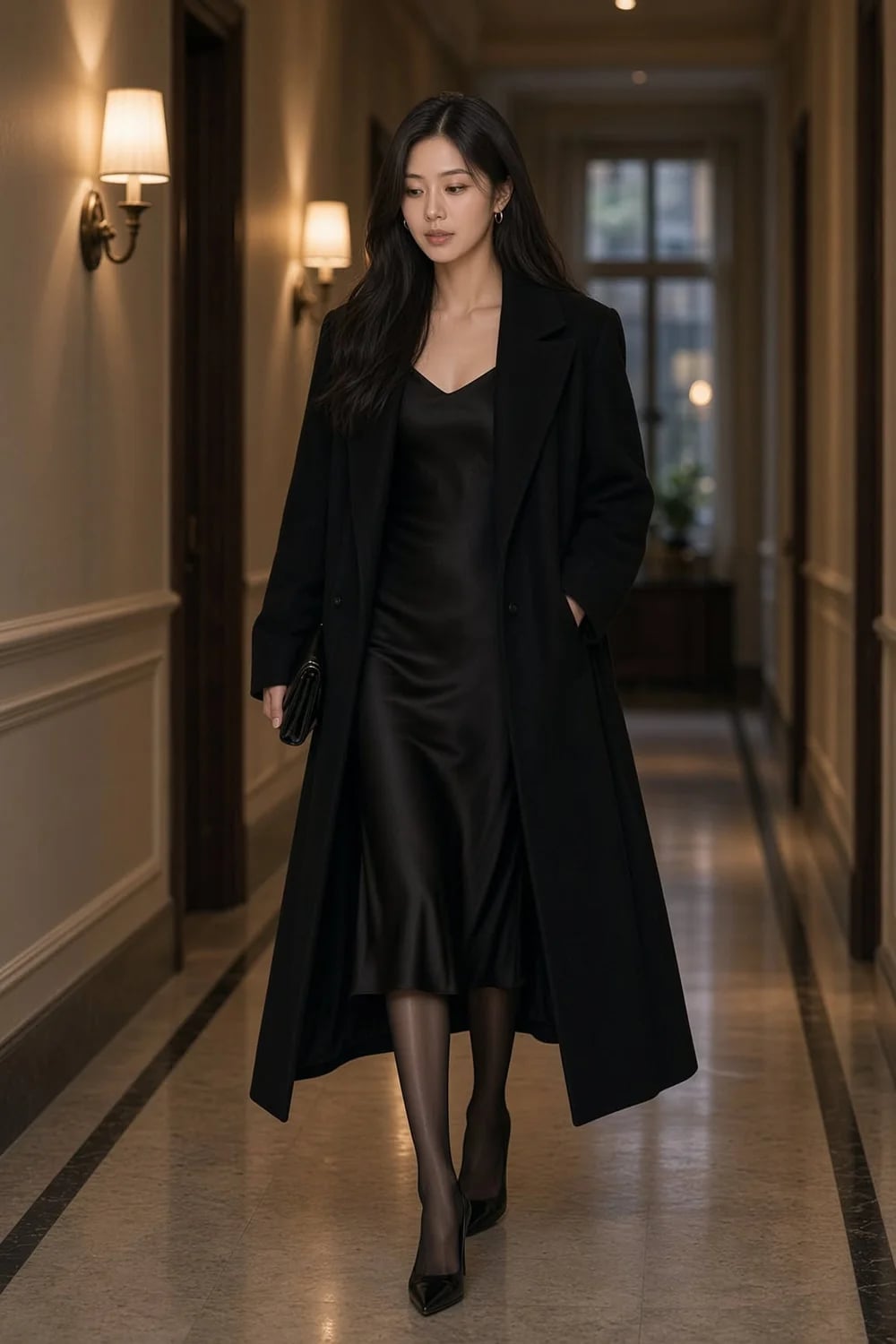 Black Trench Coat Over Satin Slip Dress Black Trench Coat Over Satin Slip Dress — Black Trench Coat Outfit Ideas