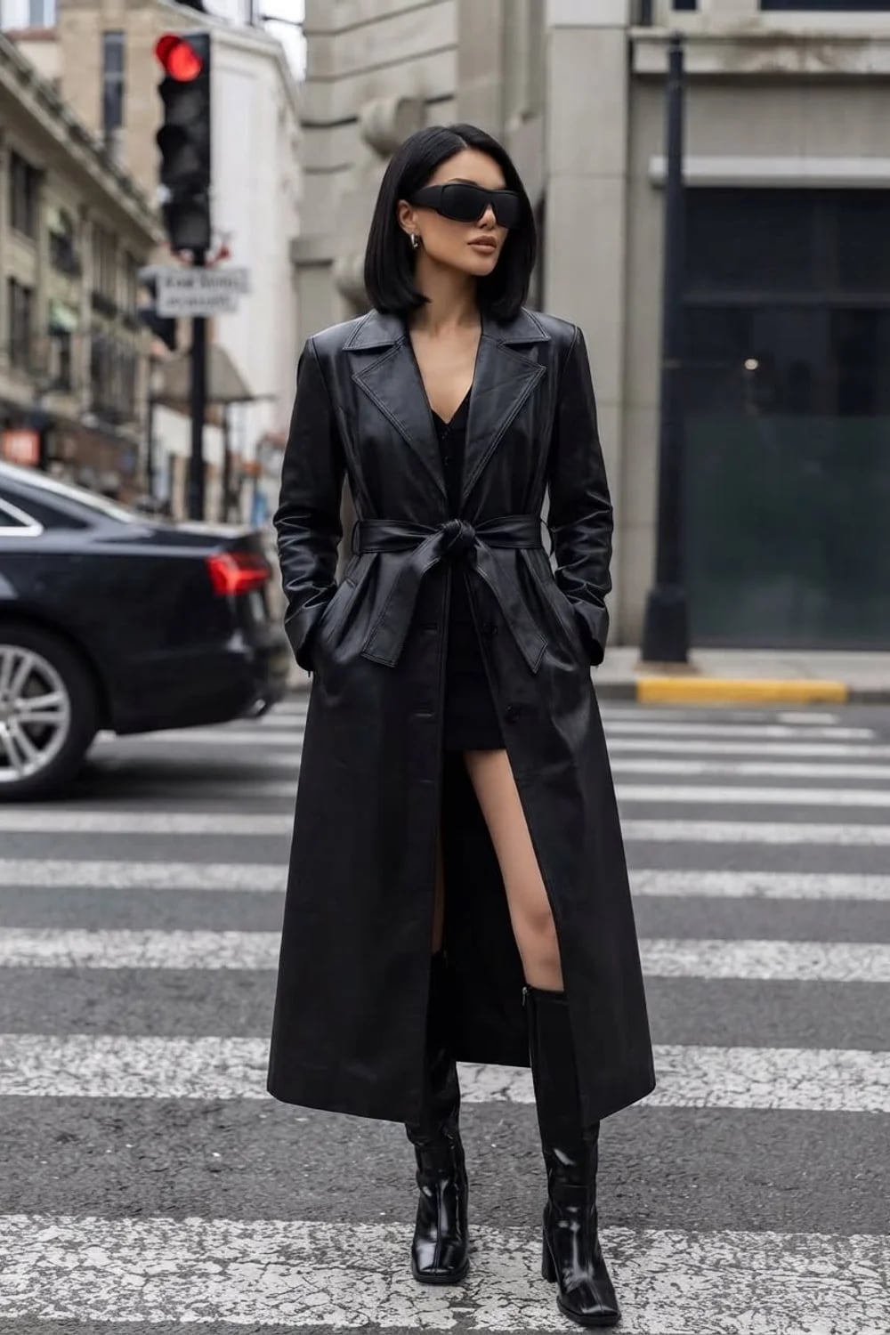 Black Leather Trench Coat With Black Dress and Boots Black Leather Trench Coat With Black Dress and Boots — Black Trench Coat Outfit Ideas