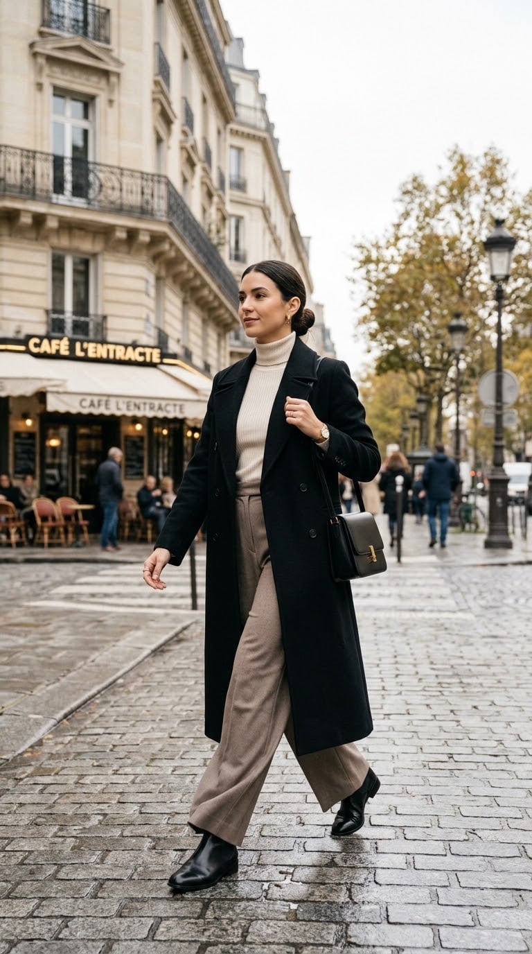 Black Trench Coat With Gray Sweater and Black Jeans Black Trench Coat With Gray Sweater and Black Jeans — Black Trench Coat Outfit Ideas