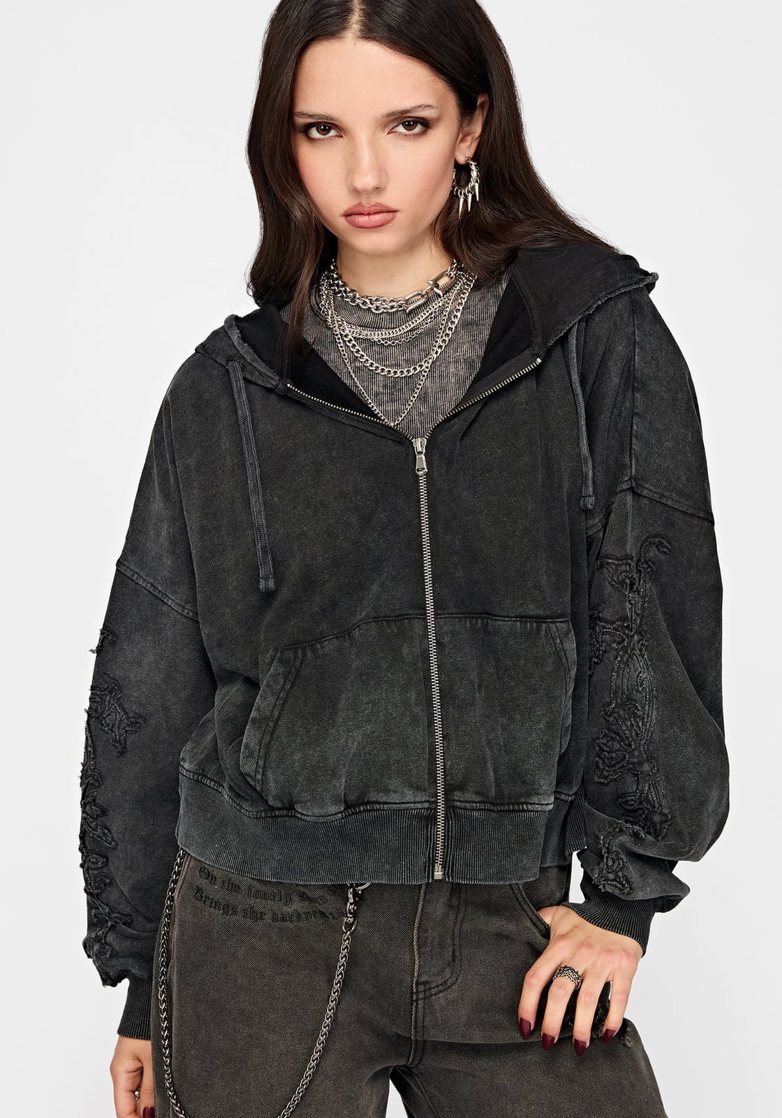 Distressed Black Hoodie with Chain Belt — Chic Black Hoodie Outfit
