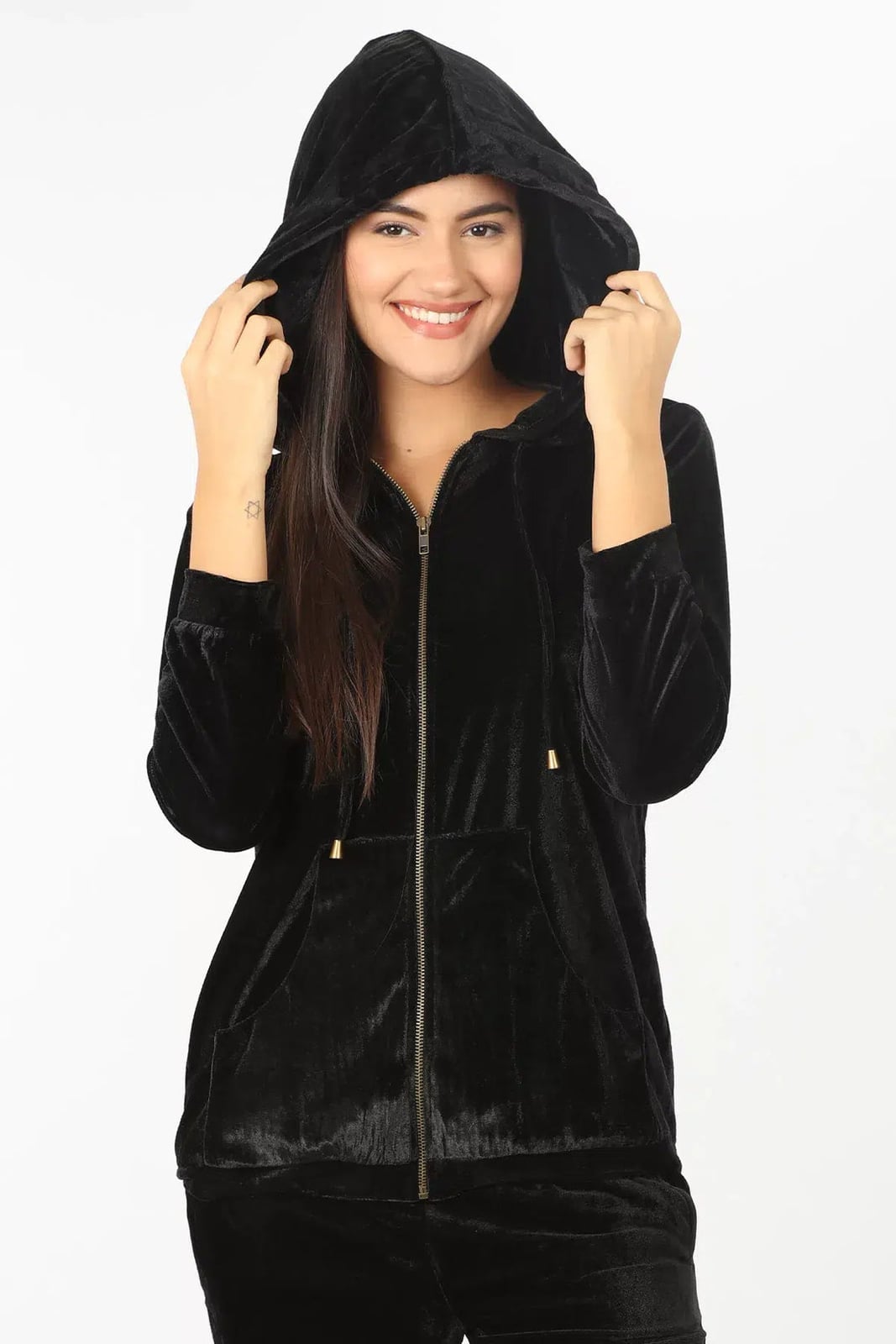 Black Velvet Zip-Up Hoodie — Chic Black Hoodie Outfit