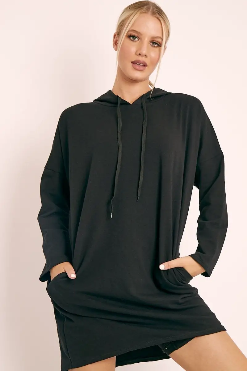 Black Cotton Jersey Hoodie Dress — Chic Black Hoodie Outfit