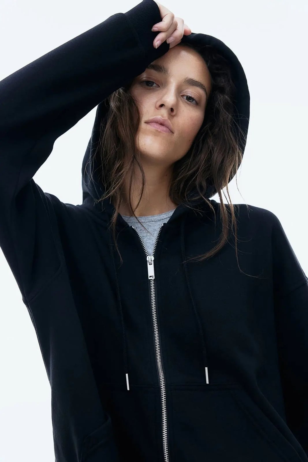 Black Zip Hoodie Over Gray T-Shirt — Chic Black Hoodie Outfit