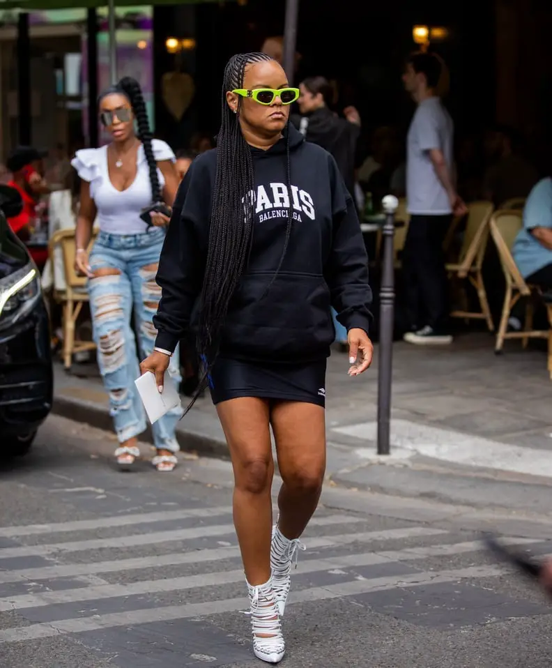 Graphic Black Hoodie with Denim Mini Skirt — Chic Black Hoodie Outfit