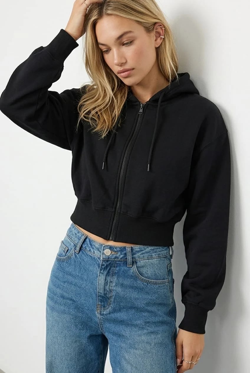Black Cropped Zip-Up Hoodie — Chic Black Hoodie Outfit