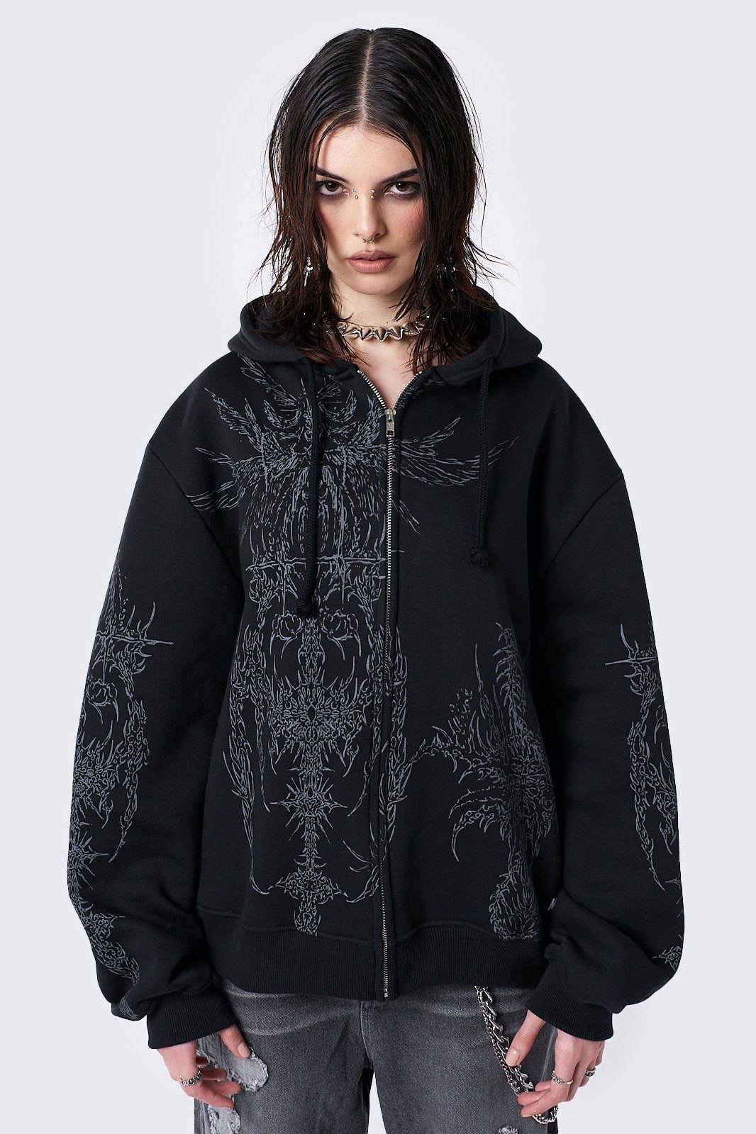 Oversized Black Hoodie with Abstract Graphic — Chic Black Hoodie Outfit