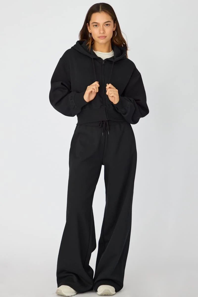 Zip-Up Crop Hoodie with White Tee and Sweatpants — Chic Black Hoodie Outfit