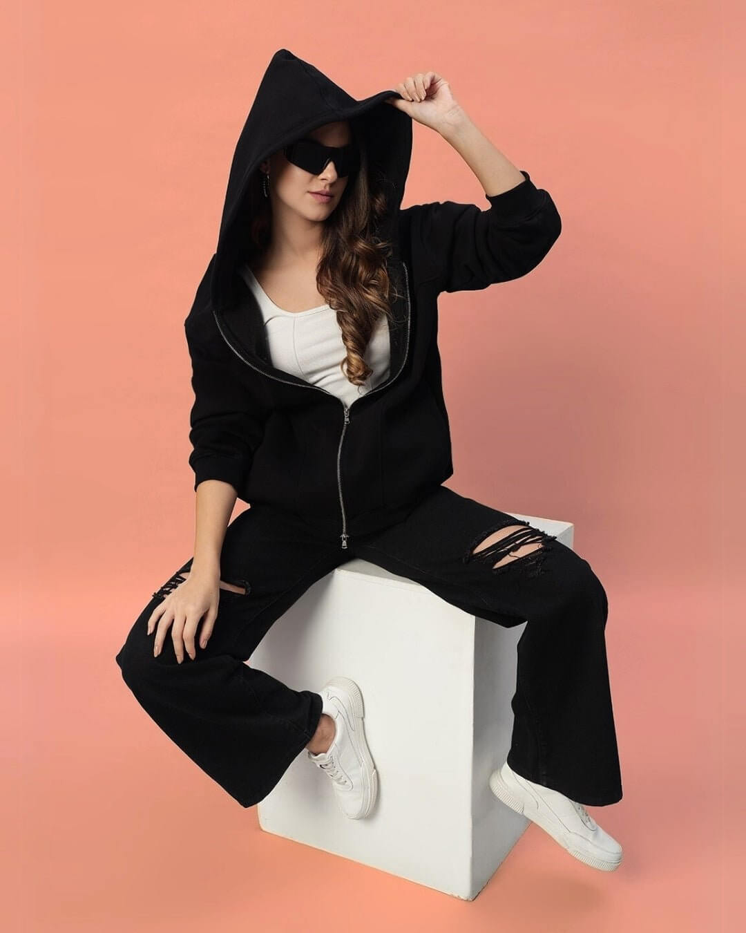 Black Zip Hoodie with Ripped Wide Leg Jeans — Chic Black Hoodie Outfit
