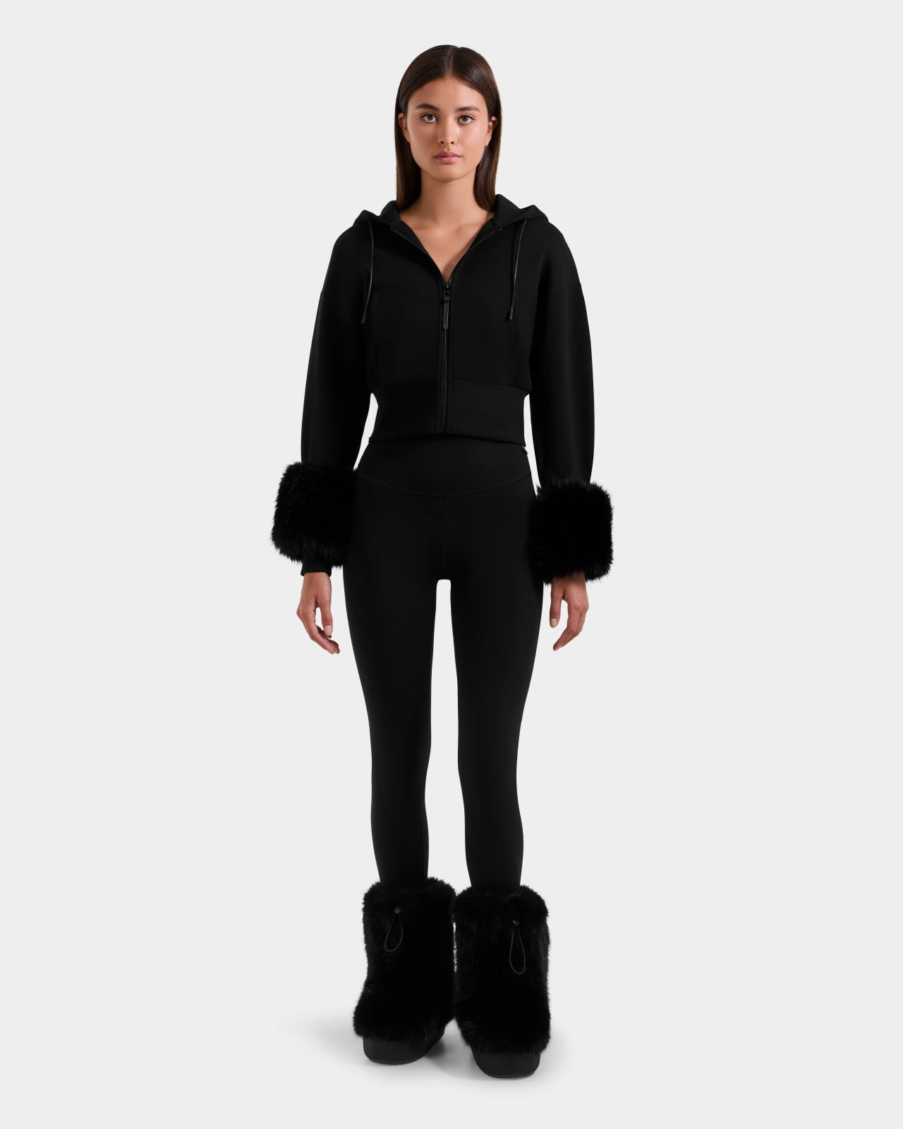 Cropped Black Hoodie with Faux Fur Cuffs — Chic Black Hoodie Outfit