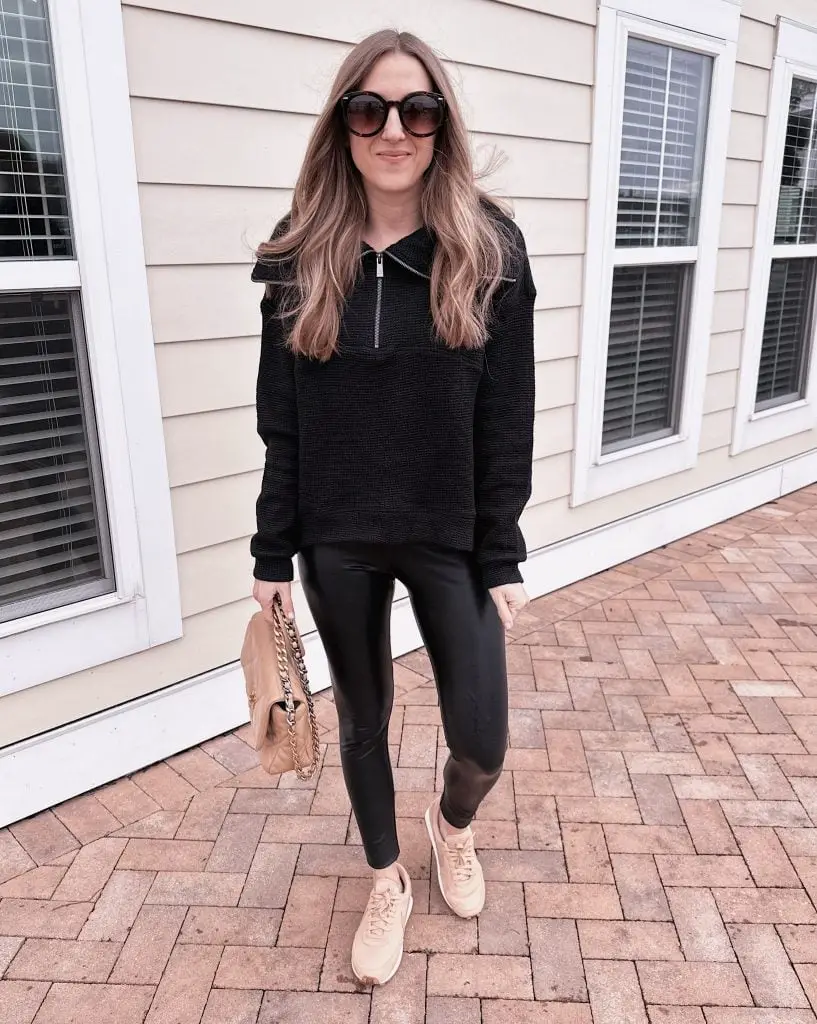 Knit Black Hoodie with Faux Leather Leggings — Chic Black Hoodie Outfit
