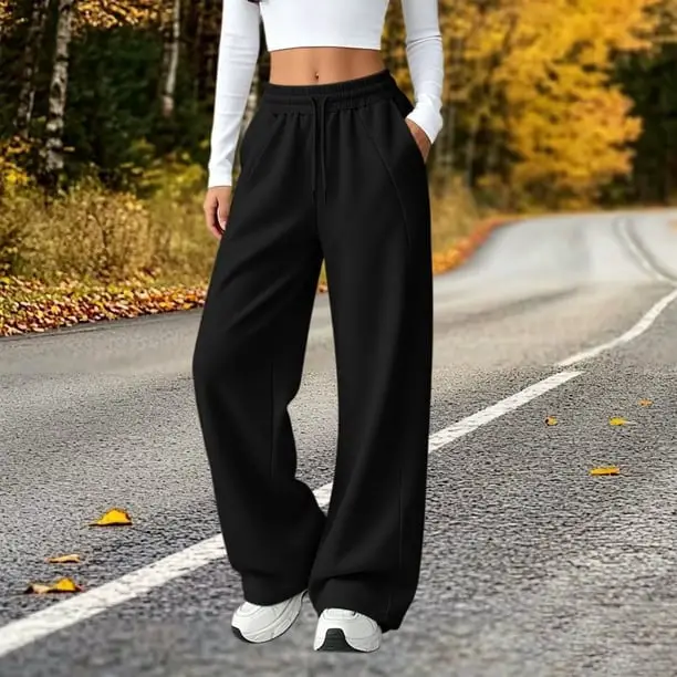 Black Long Sleeve Crop Top with Wide Leg Sweatpants, Close-Up Take — Chic Black Sweatpants Outfit