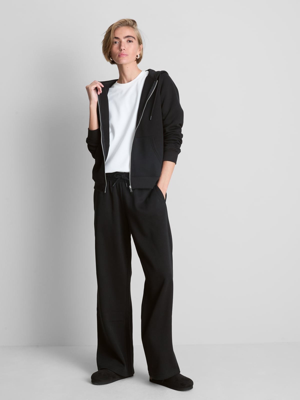 Zip-up Hoodie Over a T-Shirt with Wide-Leg Sweatpants — Chic Black Sweatpants Outfit