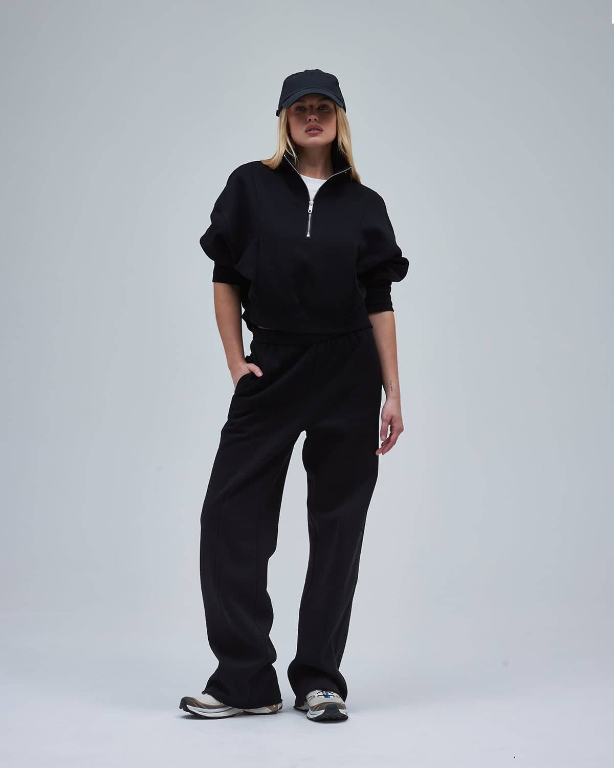 Oversized Quarter-Zip Sweatshirt with Sweatpants, Close-Up Take — Chic Black Sweatpants Outfit