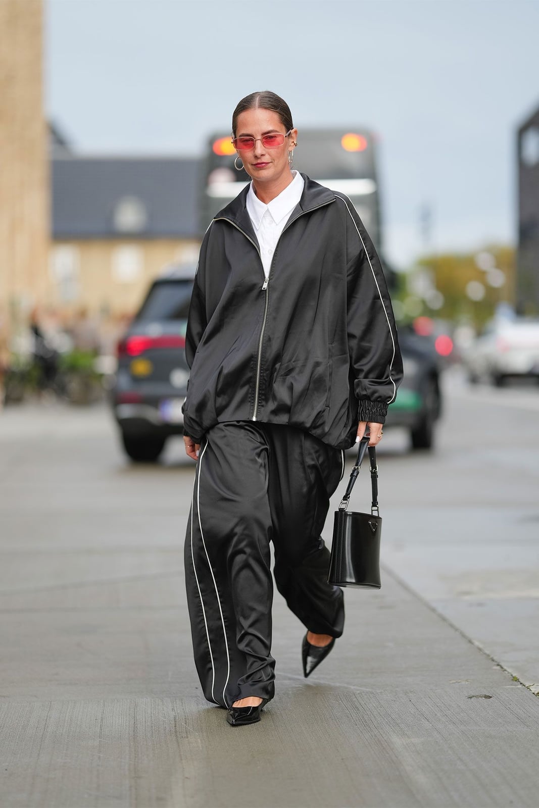 Oversized Zip-Up Jacket Over a Button-Down Shirt with Wide Leg Pants — Chic Black Sweatpants Outfit