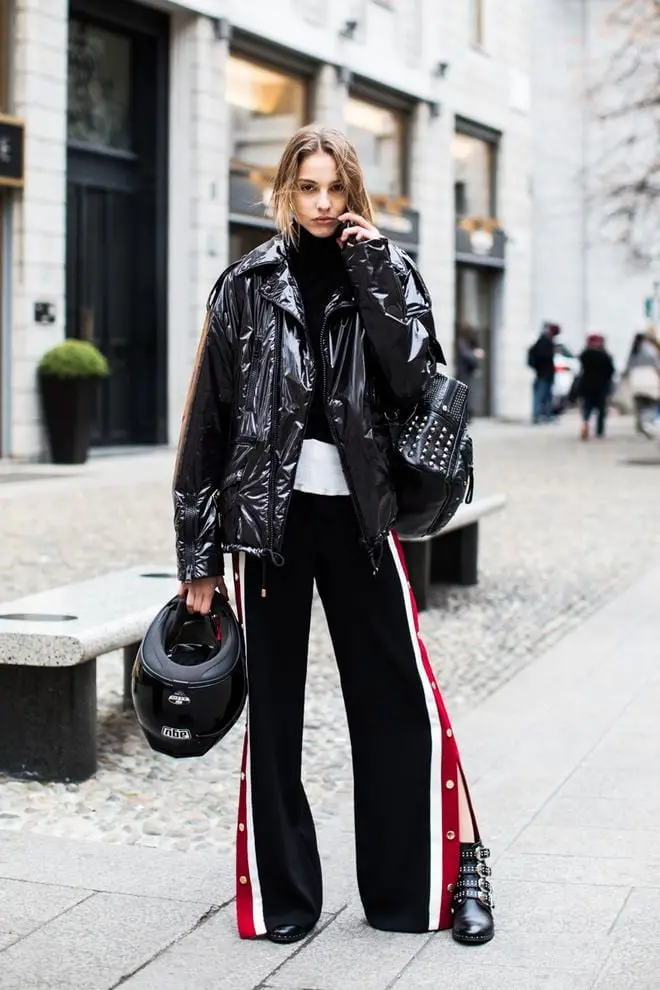 Puffer Jacket Over a Turtleneck with Track Pants, Close-Up Take — Chic Black Sweatpants Outfit
