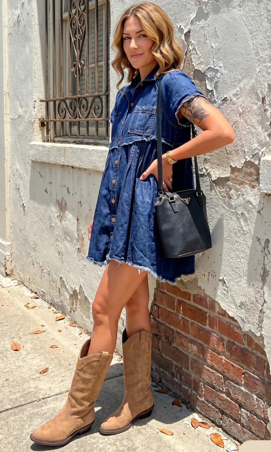 Tan Suede Cowboy Boots with Denim Shirt Dress Tan Suede Cowboy Boots with Denim Shirt Dress — Chic Cowgirl Boots Outfit