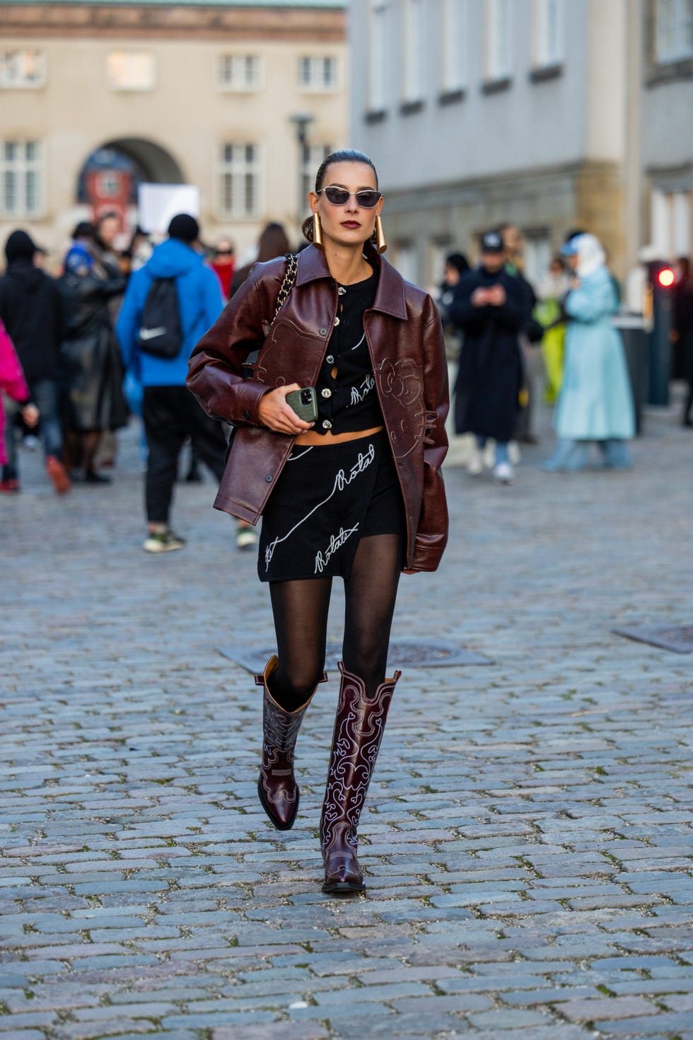 Burgundy Embroidered Cowboy Boots with Leather Jacket Burgundy Embroidered Cowboy Boots with Leather Jacket — Chic Cowgirl Boots Outfit