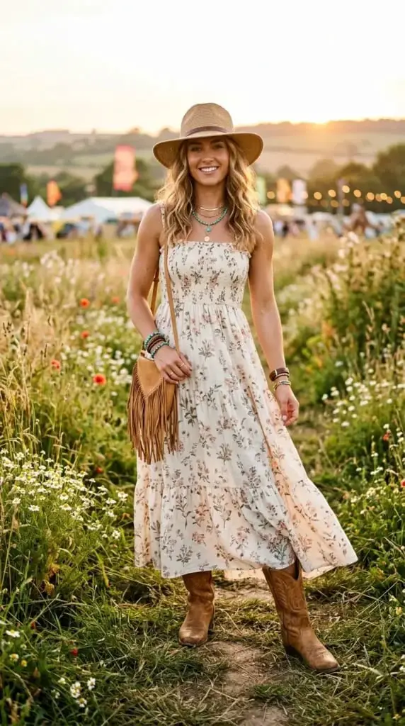 Brown Leather Cowboy Boots with Floral Smocked Dress Brown Leather Cowboy Boots with Floral Smocked Dress — Chic Cowgirl Boots Outfit