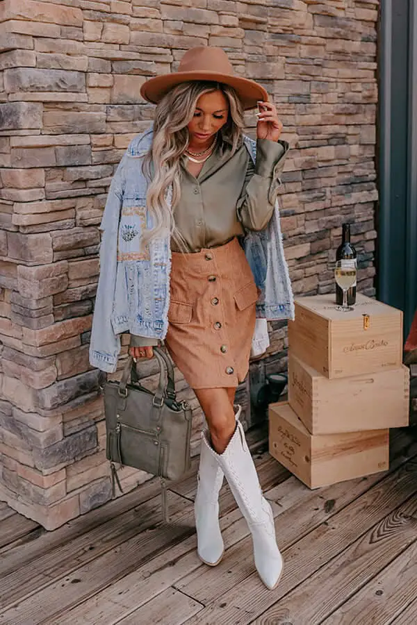 White Cowgirl Boots with Corduroy Skirt and Satin Shirt White Cowgirl Boots with Corduroy Skirt and Satin Shirt — Chic Cowgirl Boots Outfit
