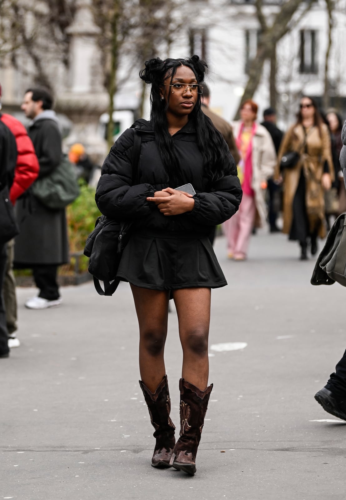 Dark Brown Embroidered Cowboy Boots with Puffer Jacket Dark Brown Embroidered Cowboy Boots with Puffer Jacket — Chic Cowgirl Boots Outfit