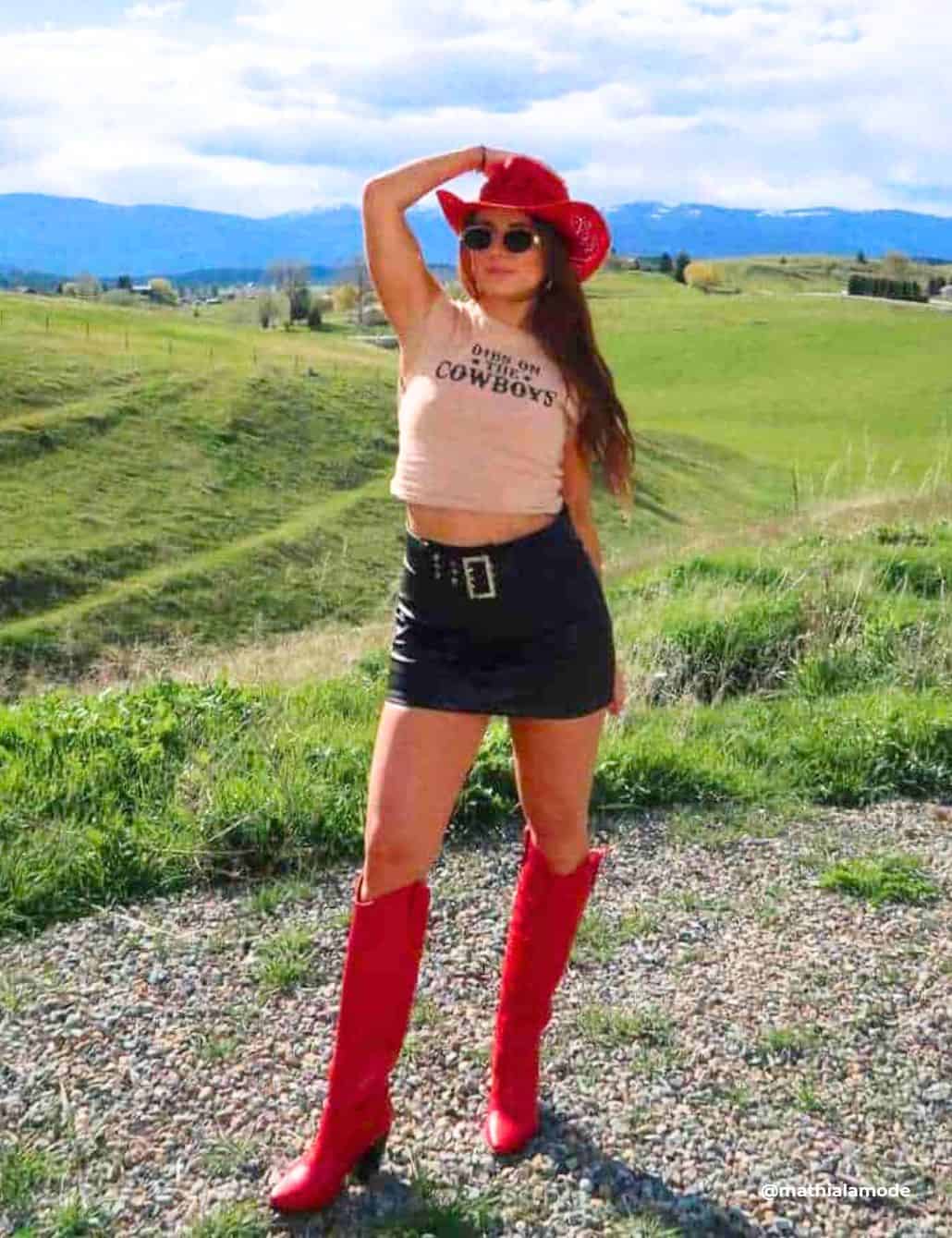 Red Leather Cowboy Boots with Crop Top and Mini Skirt Red Leather Cowboy Boots with Crop Top and Mini Skirt — Chic Cowgirl Boots Outfit