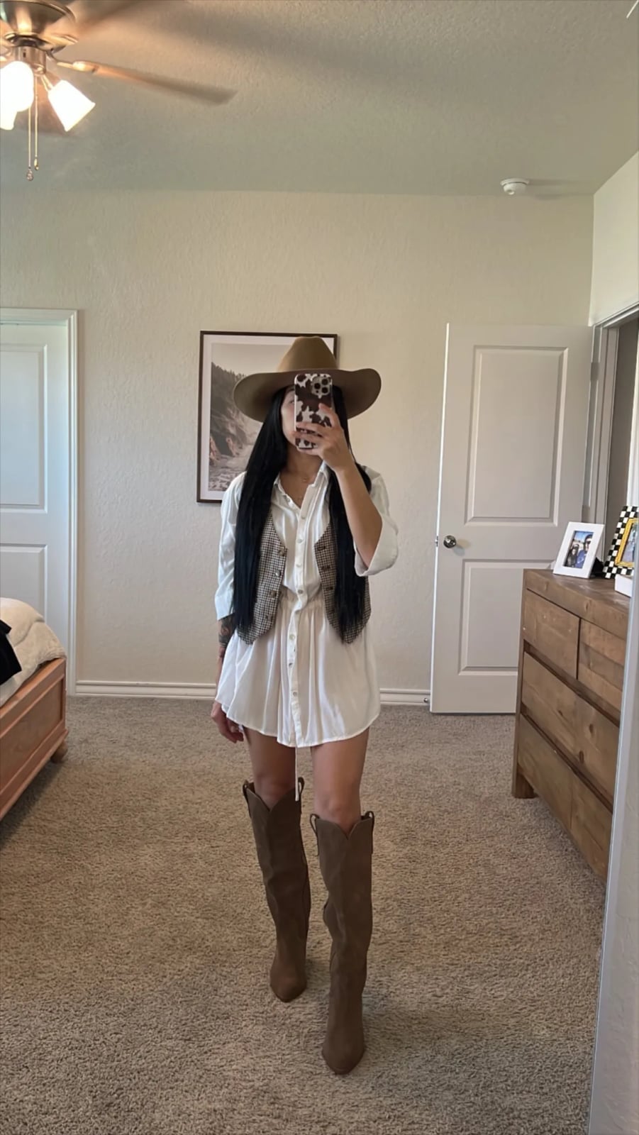 Brown Suede Cowboy Boots with Shirt Dress and Tweed Vest Brown Suede Cowboy Boots with Shirt Dress and Tweed Vest — Chic Cowgirl Boots Outfit