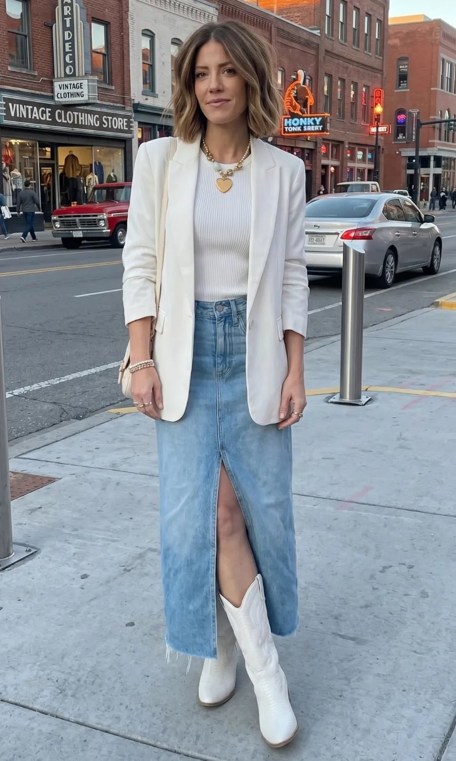 White Leather Cowboy Boots with Denim Maxi Skirt White Leather Cowboy Boots with Denim Maxi Skirt — Chic Cowgirl Boots Outfit