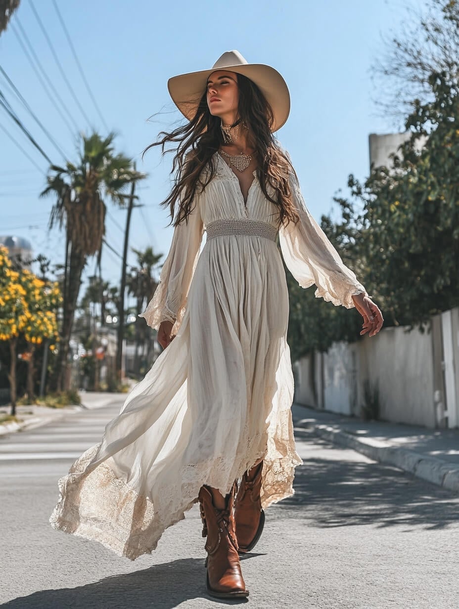 Brown Cowgirl Boots with Flowing White Maxi Dress Brown Cowgirl Boots with Flowing White Maxi Dress — Chic Cowgirl Boots Outfit