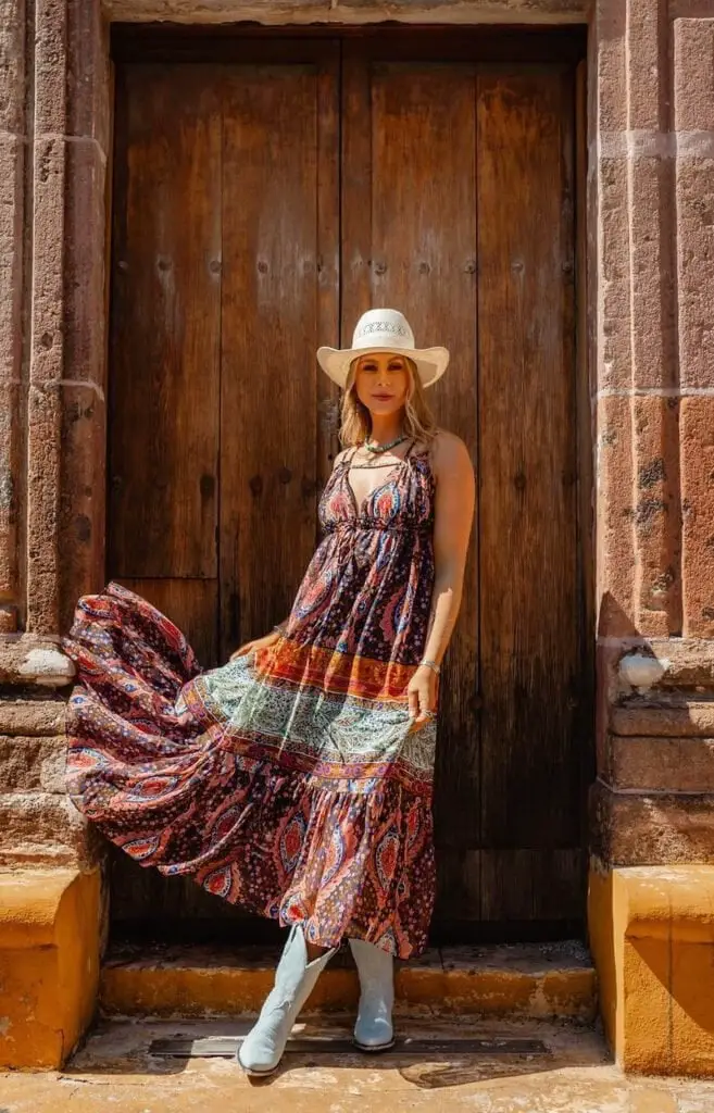 Light Blue Cowgirl Boots with Paisley Maxi Dress Light Blue Cowgirl Boots with Paisley Maxi Dress — Chic Cowgirl Boots Outfit