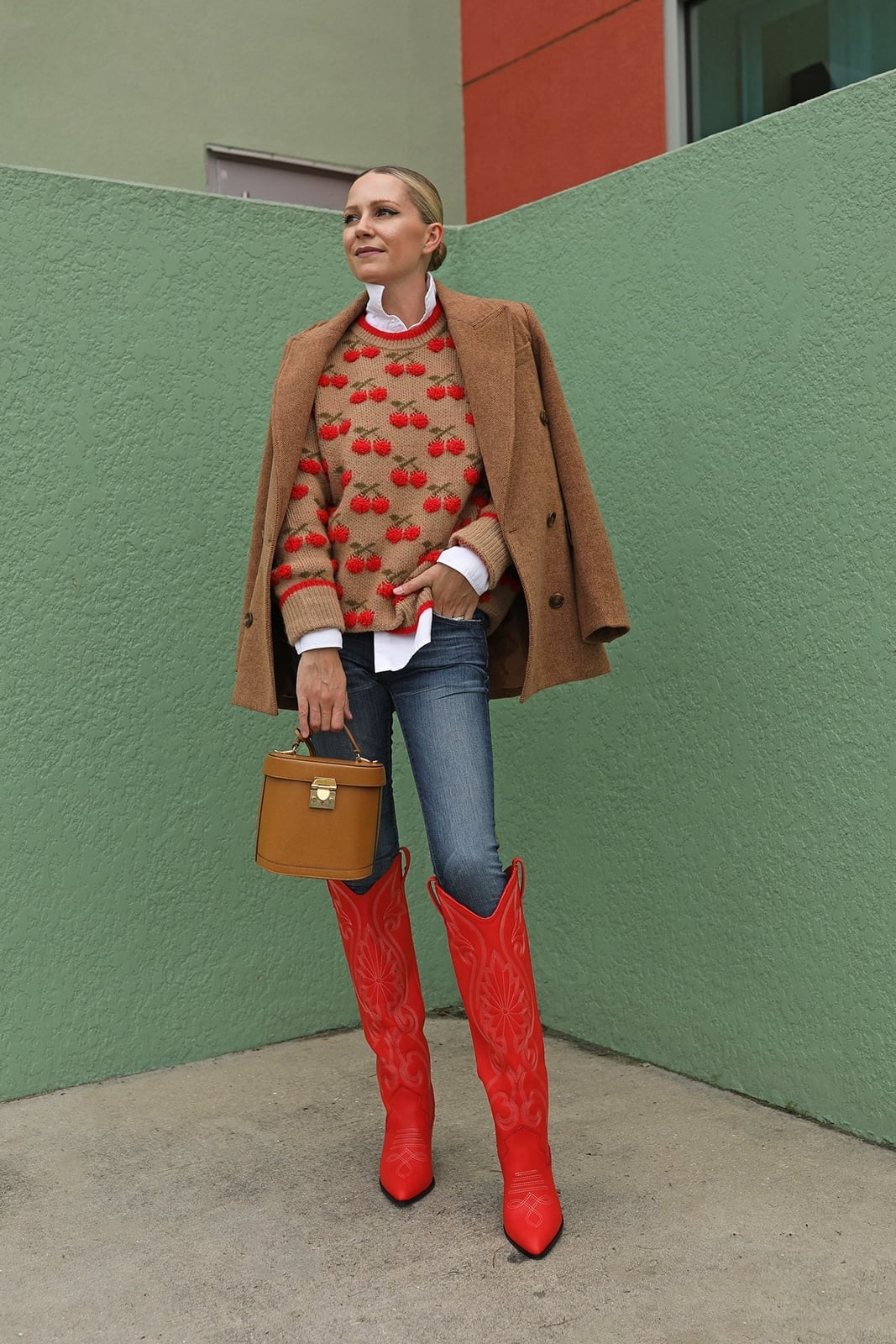 Red Leather Cowboy Boots with Camel Coat and Jeans Red Leather Cowboy Boots with Camel Coat and Jeans — Chic Cowgirl Boots Outfit